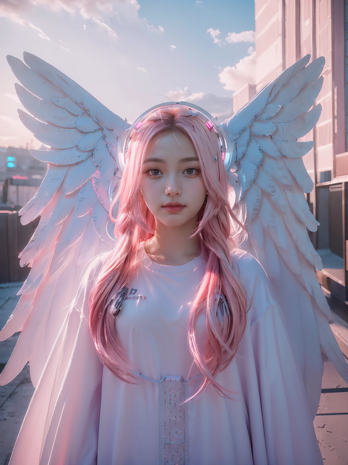 ((masterpiece, best quality, Very detailed), Volumetric lighting, Ambient Occlusion, rich and colorful, luminescent), 
1 girl, alone, Young girls, (Pink hair), long hair, halo, Halo, sacred, goddess, Network Package, (White clothing:1.3), Android, robot, Angel Wings,
outdoor, Sunset, Sky, cloud, space, (Cyberpunk theme:1.2),