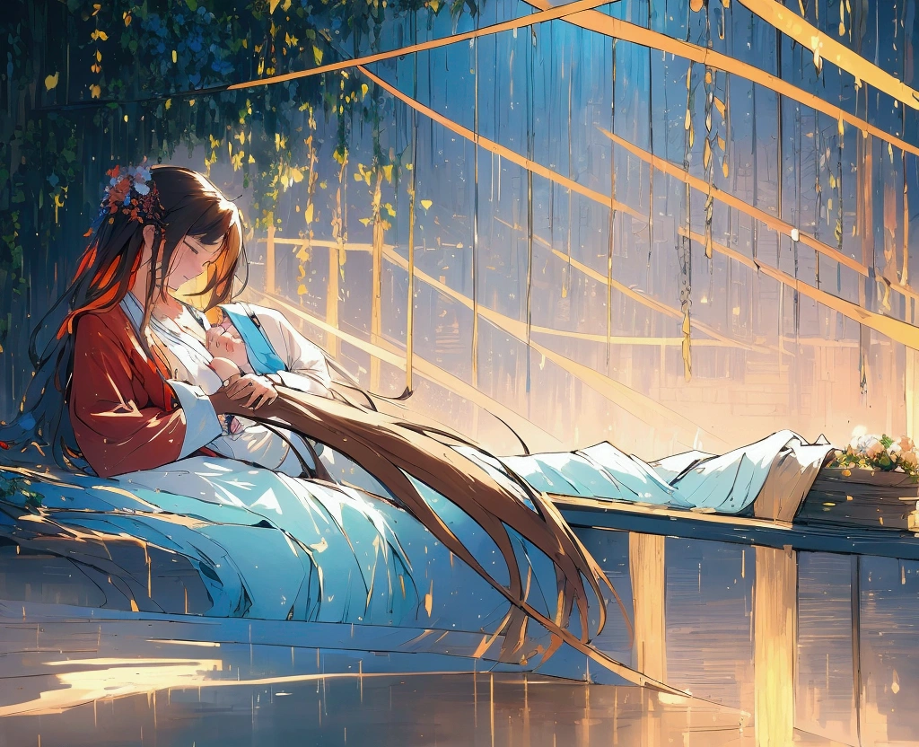 The imagery shifts to a beautiful painting, where lovers dance with the wind among blooming flowers. The motion of the dance is captured in flowing lines and vibrant colors, reflecting joy and emotional connection. The garden's lush greenery makes a vivid contrasting backdrop, enhancing the lively portrayal of love. A dreamy, romantic visual journey capturing the elegance and passion of ancient Chinese aesthetics. The visuals include delicate brush strokes reminiscent of traditional ink paintings, intricately detailed flowers, and serene landscapes drenched in gentle rain and mist. The atmosphere exudes deep emotions of longing, love, and unrestrained artistic expressions, with a harmonious blend of bold and graceful movements.
