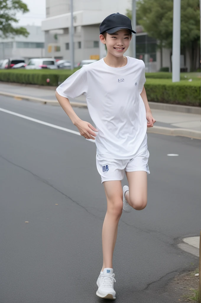 -yeld bomile，Spread your white and slender legs，jogging，full body，8K五官精致，Handsome boyish feeling，8K，masterpiece,((best quality)),photography,