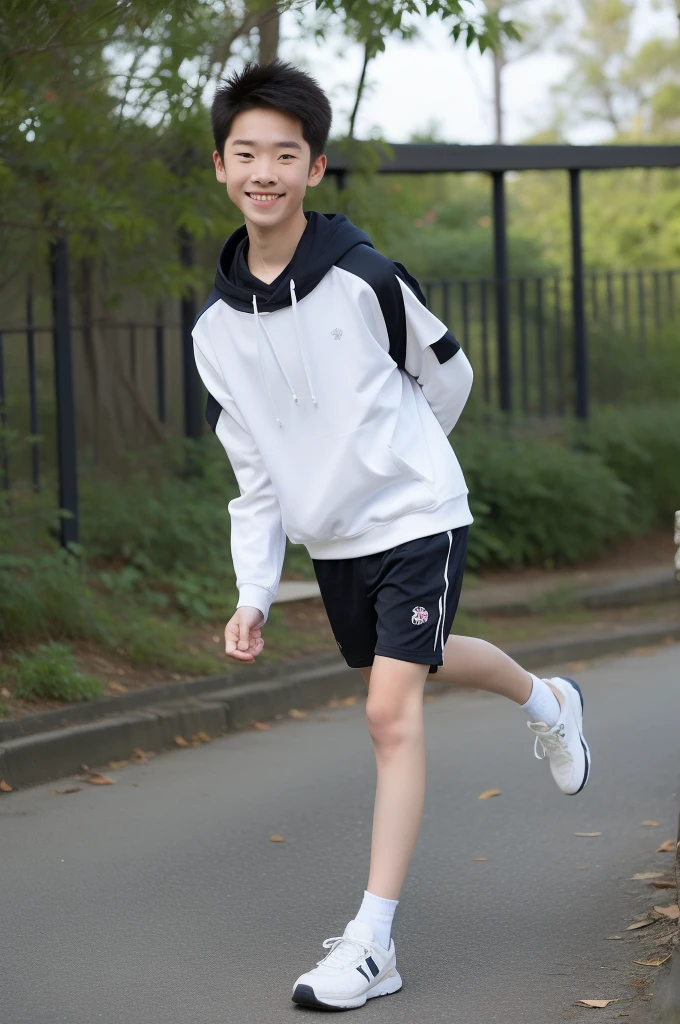 12-year-old boy,Smile，Spread your white and slender legs，jogging，full body，8K五官精致，Handsome boyish feeling，8K，masterpiece,((best quality)),photography,