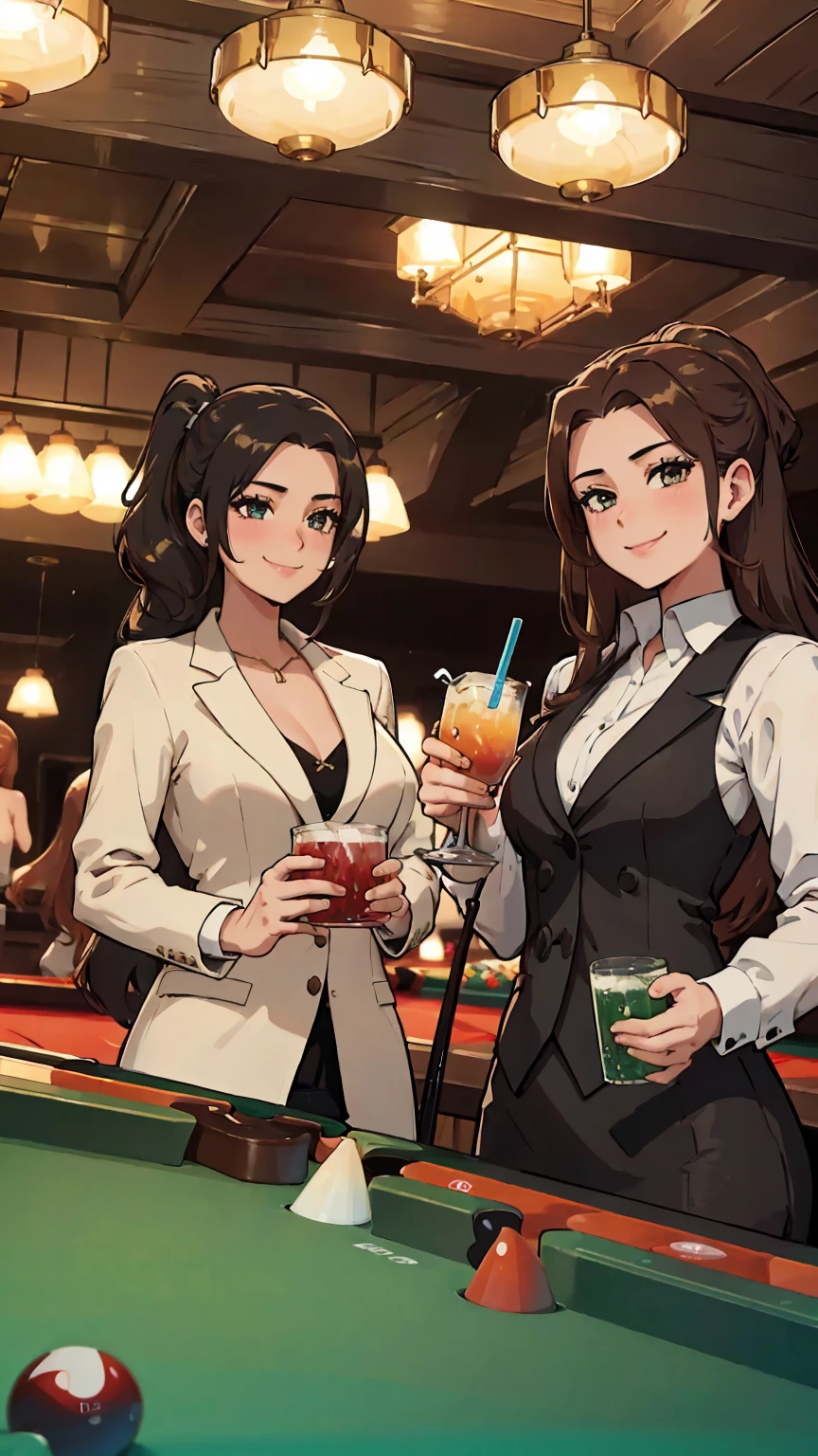 masterpiece, best quality, high definition, (multiple girls are playing billiard:1.2), they are all wearing fancy suits, they are smiling and happy, (alcohol drinks and mugs can be seen on the pool table),