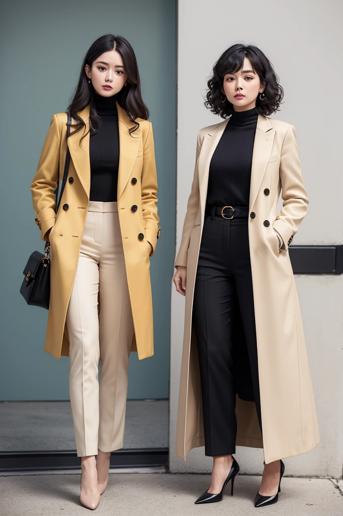 Assemble this image exactly as I will describe: A woman wearing nude dress pants, yellow high neck blouse, with a nude coat with black details and buttons. Wearing black pumps with a rounded toe. This woman has white skin with black, shoulder-length curly hair..