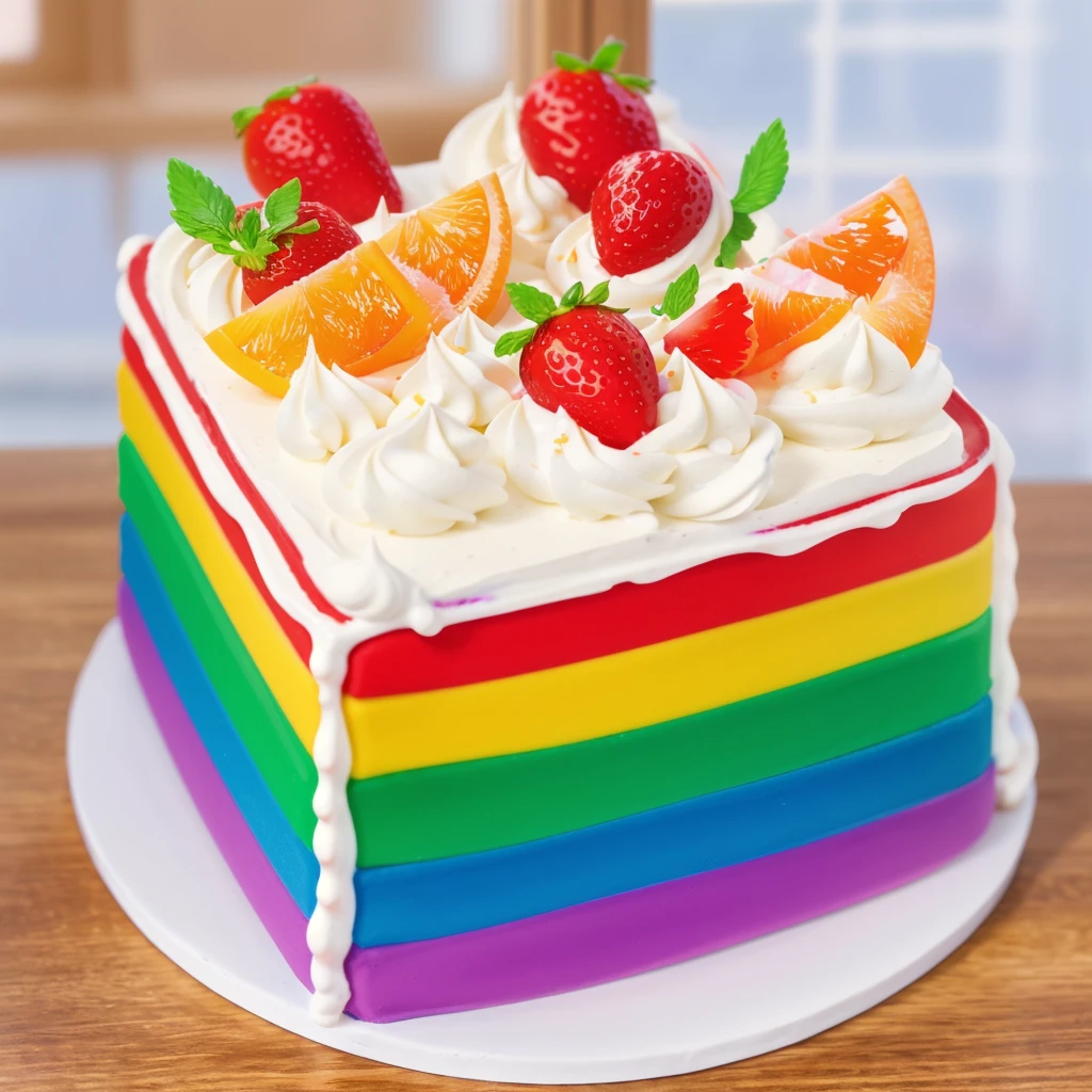 on a wooden table, on a porcelain plate, a tiny cream rainbow cake, with cream lines drawn on its edges, white cream swirls, tiny strawberries, oranges and watermelon slices made of polymer clay on the cake, window light, bright lights, soft light, window light, professional lighting, light from the window, neat light, realistic texture, realistic style, detailed texture, high quality, high resolution, high quality rendering, realistic photo, brightning light, macro photo