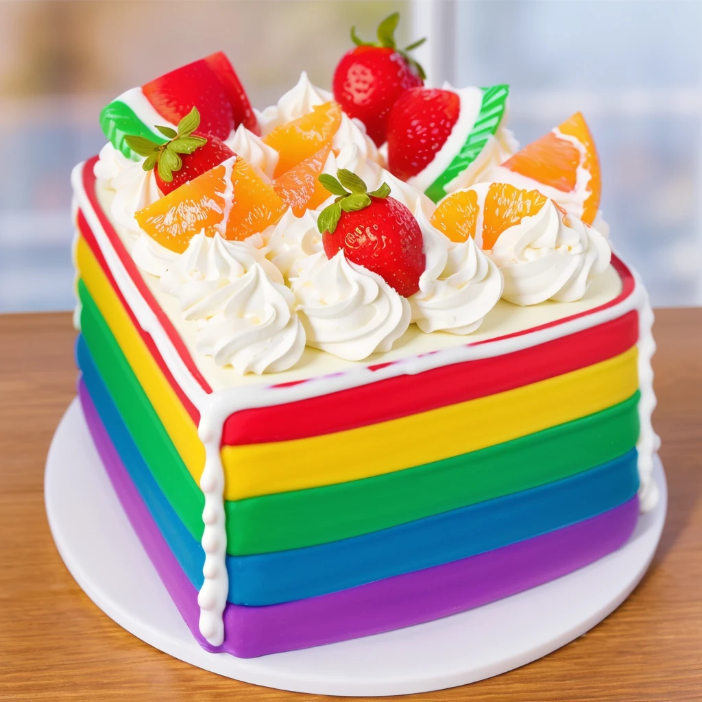 on a wooden table, on a porcelain plate, a tiny cream rainbow cake, with cream lines drawn on its edges, white cream swirls, tiny strawberries, oranges and watermelon slices made of polymer clay on the cake, window light, bright lights, soft light, window light, professional lighting, light from the window, neat light, realistic texture, realistic style, detailed texture, high quality, high resolution, high quality rendering, realistic photo, brightning light, macro photo
