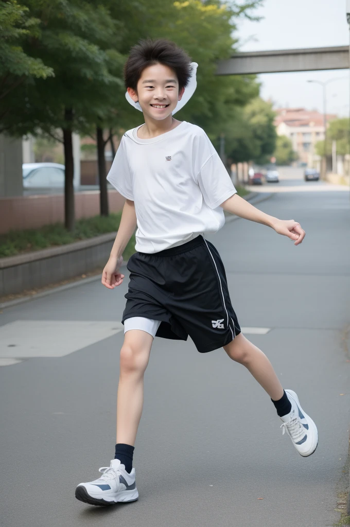 -yeld bomile，Spread your white and slender legs，jogging，full body，8K五官精致，Handsome boyish feeling，8K，masterpiece,((best quality)),photography,