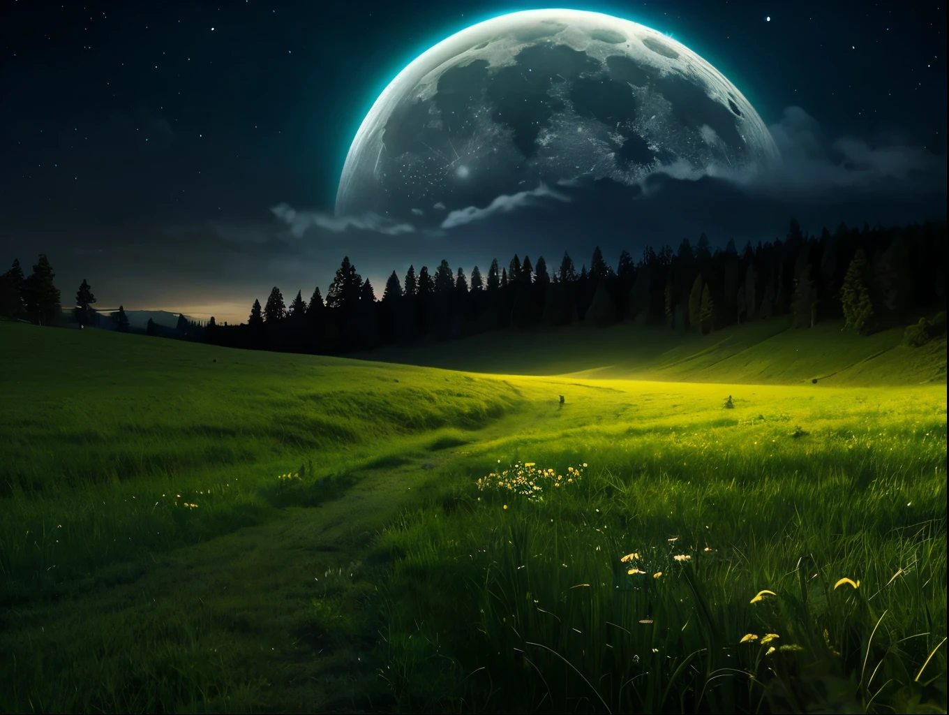 a beautiful moonlit landscape, a full moon in the night sky, rolling hills, lush green meadows, a tranquil lake reflecting the moon, wispy clouds, fireflies dancing, atmospheric lighting, detailed foliage, serene atmosphere, (best quality,4k,8k,highres,masterpiece:1.2),ultra-detailed,(realistic,photorealistic,photo-realistic:1.37),landscape,dramatic lighting,cinematic,vibrant colors,glowing moon