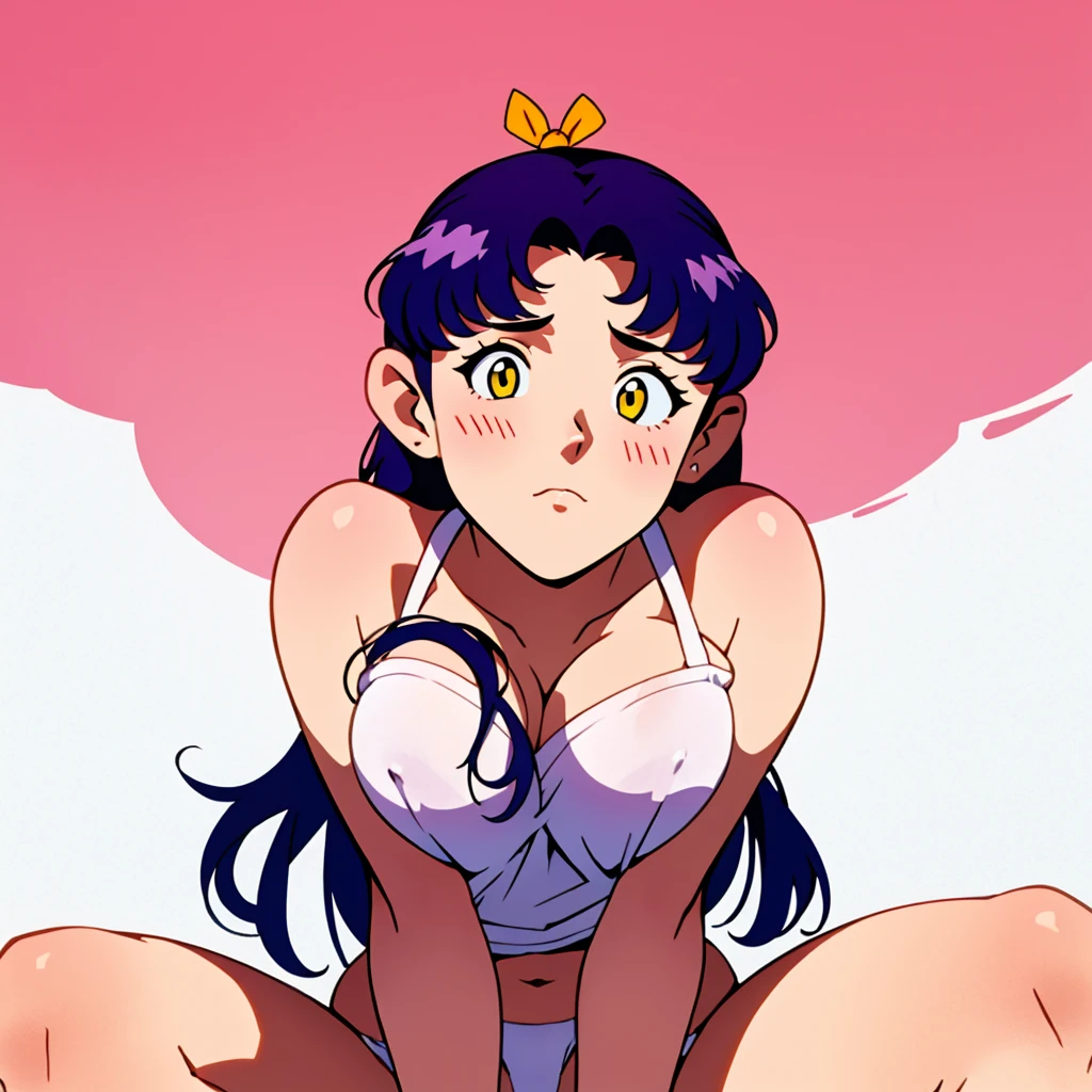 1 girl, front view, blush, amazing, lovely girl, from behind, (katsuragi misato), best quality, great artwork, sensual image, bouncing breast, (white background:1.3, shy, solo, bend over:1.3, v arms, yellow blouse), eyes detail, face detail, sit with spread legs, with white panties, bottomless