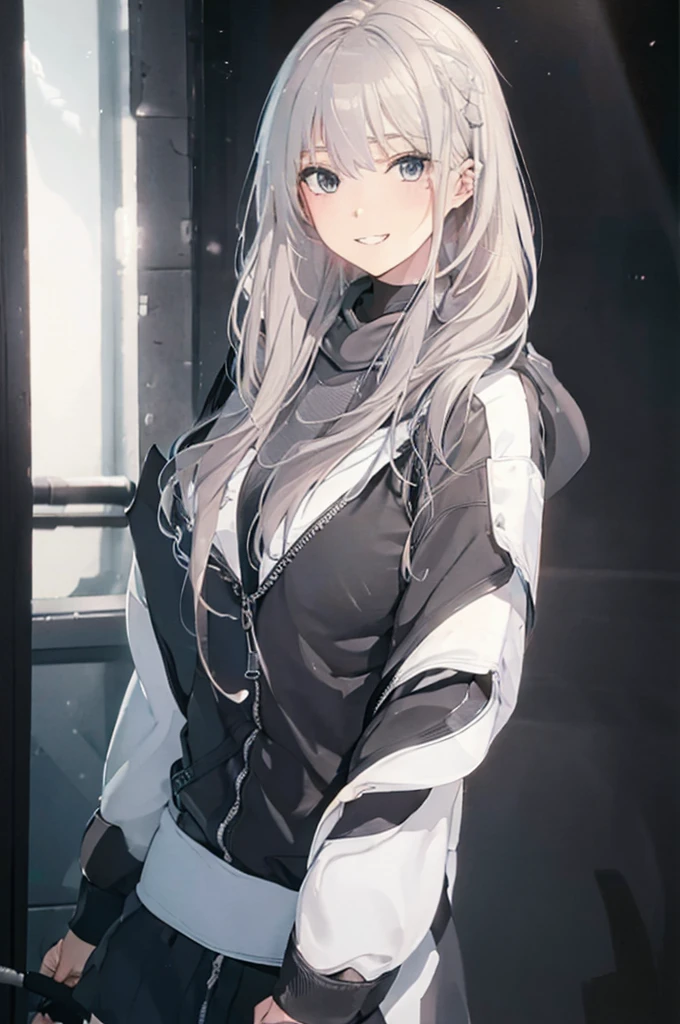 Concept Art, White hair, Silver gradient hair , Composite cloth, Virtual YouTuber, best quality, masterpiece, Dynamic Angle, girl,Miss,woman, young,20 years old, , Hair Flip, Silver Hair, Flowing hair, Ahog, giggle, Beautiful and delicate golden eyes, teeth, Large Breasts, Blonde eyes, White skin, hoodie, Black_shorts, Gray clothes, transparent_Back ground, Backlighting, absurd, high resolution, Extremely detailed,sweater,Smile
