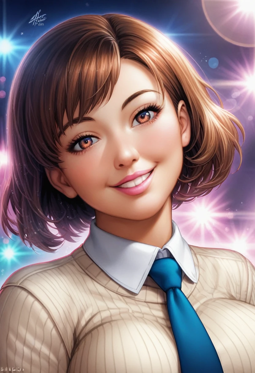 (logo, masterpiece, 8K, Tabletop, RAW Photos, wonderful, 最high quality, フォトリアリスティックでVery detailedな CG 合成 8K 壁紙, high quality, Very detailed, Narrative poem, Particle Effects, Dynamic Effects, Depth of the Boundary, Cinematic Light, Lens flare, Ray Tracing), short hair beautiful young woman, Tie your hair back, Skin with attention to detail, Very fine, Fine skin, Beautiful Face, Realistic eyes, Beautiful and detailed eyes, Realistic Skin, Beautiful Skin, Surreal, Smiling Eyes, Hair and light eyes, Vibrant, Colorful lights and bokeh. The lighting casts a warm glow on her face and hair., Blue glow, Water surface reflection, Creates a dreamy and magical atmosphere, Big Breasts, Brown Hair, short hair, plump lower lip, Pink blush on cheeks , Pink Lips, Brown tight no-shoulder knit sweater