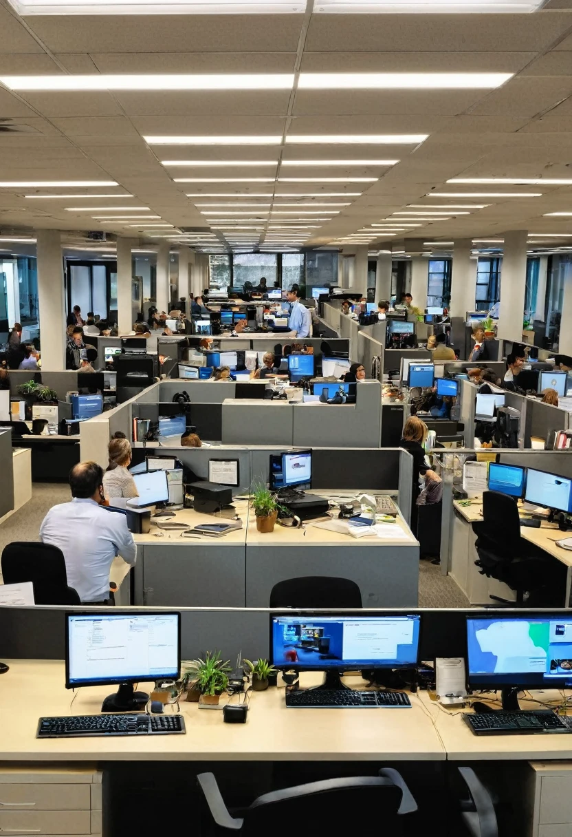 an office filled with omputer and people