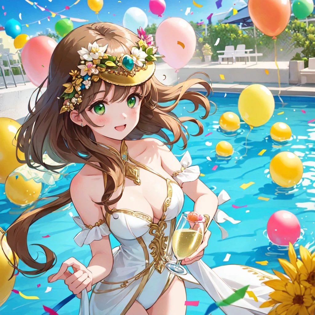 1girl, solo, super fine illustration, an extremely delicate and beautiful, best quality, 20s, brunette, long hair, green eyes, looking down, very happy, champagne glass, venue, outdoor pool party, crowded, noisy, colorful, balloons, confetti, portrait.