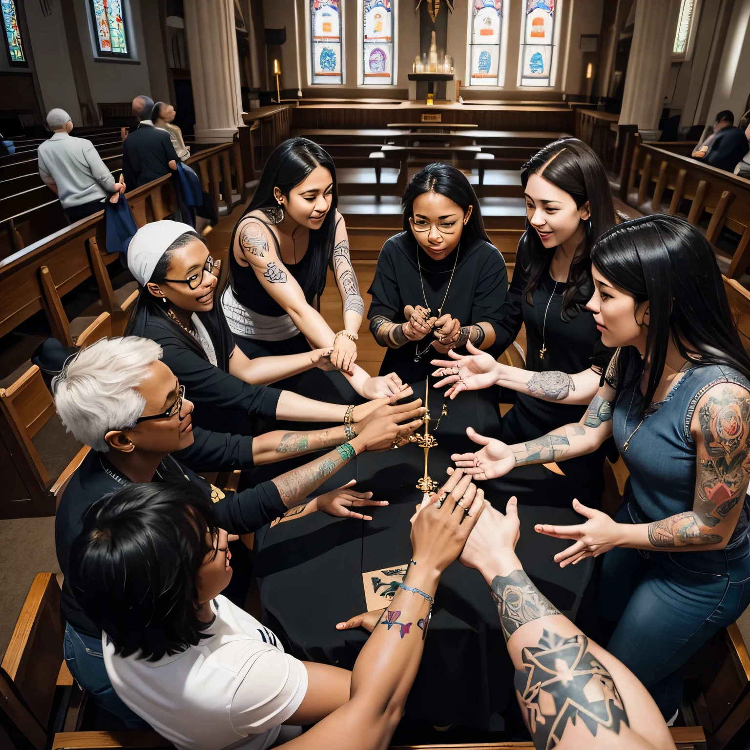 "Diversity in the Church: A group of people of various ages and styles, some with visible tattoos, gathered in a church setting, reflecting diverse opinions and expressions of faith."
