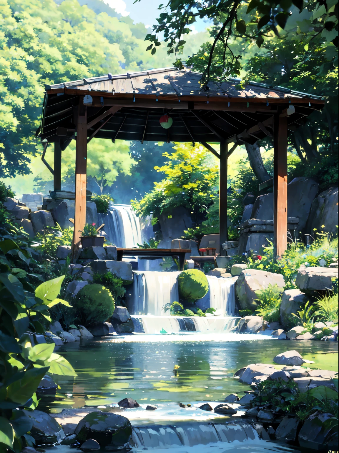 ((best quality)), ((masterpiece)), (detailed), summer,A leisurely stream under the green shade,Camping table by the stream,There are watermelons and some edible fruits on the table