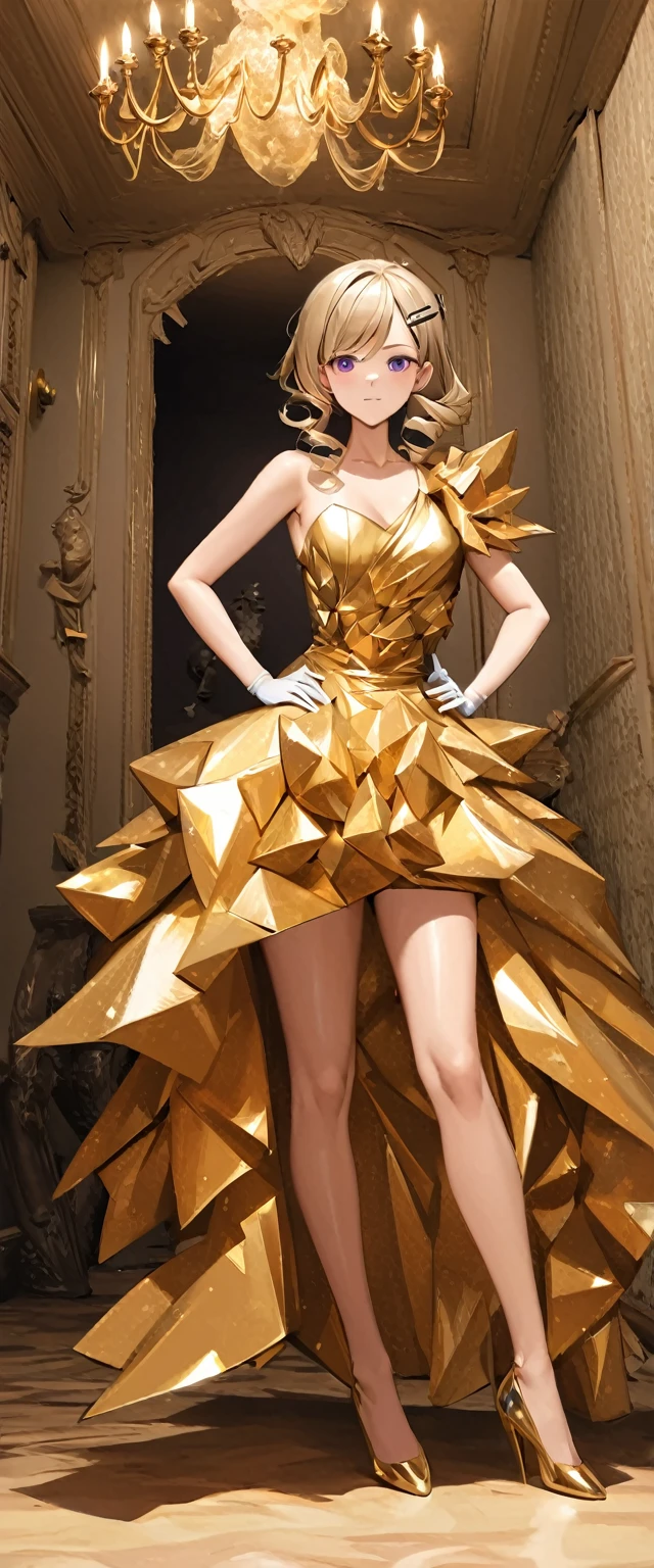 (portrait:1.2), adult, woman, Side-Swept Curls with Hairpin, wearing lgdress_1, one shoulder gold dress, unique, avant-garde silhouette, metallic sheen, large crystal embellishments adorning the dress from the waist and shoulders, gloves, hair decoration high heels, (inside of mansion:1.3), Hand on Hips