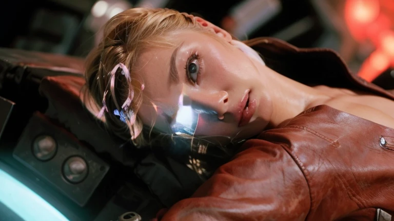 Blonde woman in leather jacket leaning against a wall with a neon light, Kristanna Loken, doom beautiful face,