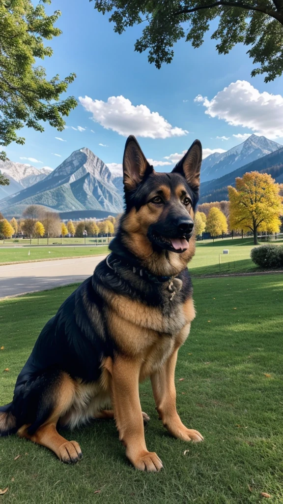 German Shepherd in a sunny park with a mountainous backdrop.