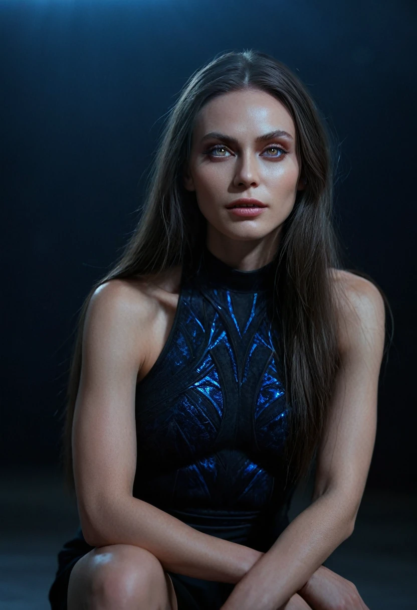 Fashionable of androgynous alien looking witch, glowing eyes, beautiful evil slavic muscular woman, pale skin, long hair, futuristic design, minimal details, givenchy, photoreal, 200mm, hd, f/ 2.0, highly detailed, surreal, sitting, light smile, simple black stylish clothes, a slight smiledrop dead, in the style of red and blue, (intricate details, hyperdetailed:1.15) (skin texture:1.2), cinematic, professional, 4k, (((dynamic model pose))), sitting, full body, mesmerizing, dynamic, dramatic, dynamic pose, highly detailed skin with hair, subcutaneous veins, light and shadow play, highly detailed,24mm photograph, bokeh, professional, 4k,