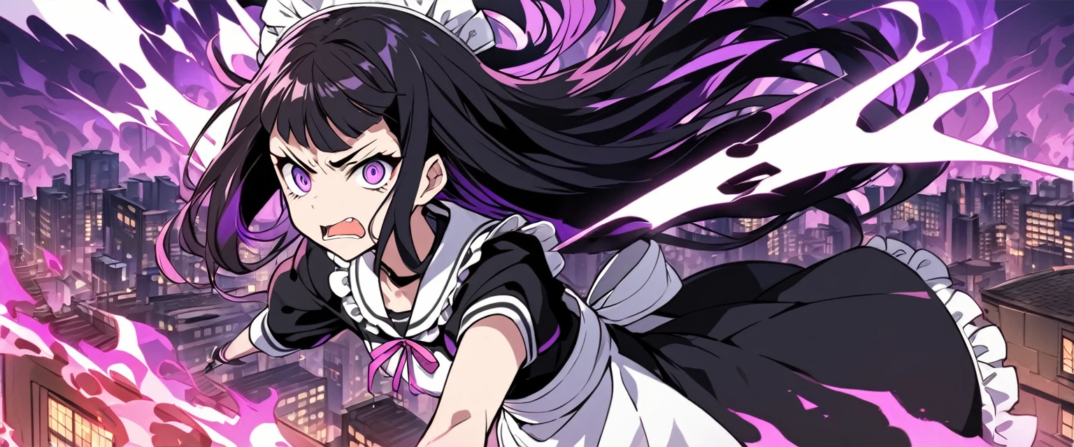 A teenager maid with long black hair and purple eyes. She is angry. The background is a city with purple fire. Kimetsu no Yaiba Art Style.
