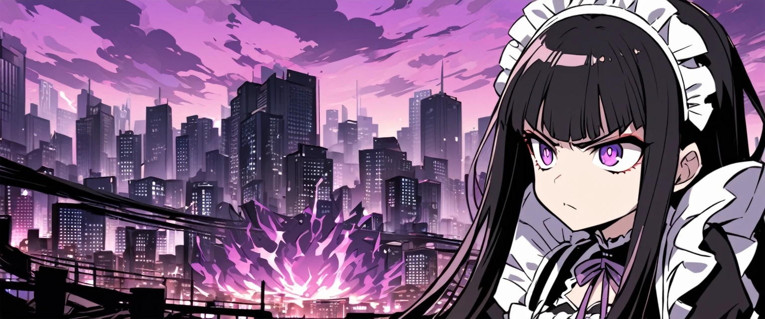 A teenager maid with long black hair and purple eyes. She is angry. The background is a city with purple fire. Kimetsu no Yaiba Art Style.