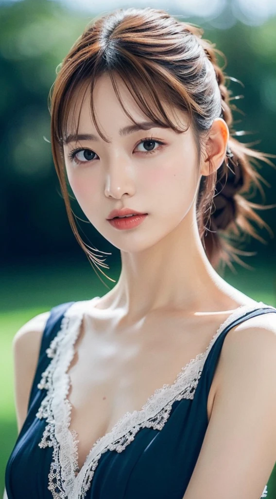 1womanl, Put your hair up to reveal a sexy nape or neck , Navy blue long dress, sleeveless 、mideum breasts, light brown hair, Blunt bangs, hair behind ear, hair over shoulder, Long hair, slender body shape, Ultra Fine Face, Thin face, Delicate lips, Beautiful eyes, thin blush, eyes are light brown, perfect glossy skin, flawless skin, Glistening sweat,View here, Ultra-thin hands, Ultra-fine fingers, best ratio four finger and one thumb, (realisitic:1.3), See-through white blouse. An amusement park, One-person viewpoint, Fuji Film, F/1.2, 8K, masutepiece, nffsw, Super Detail, High quality, Best Quality, hight resolution