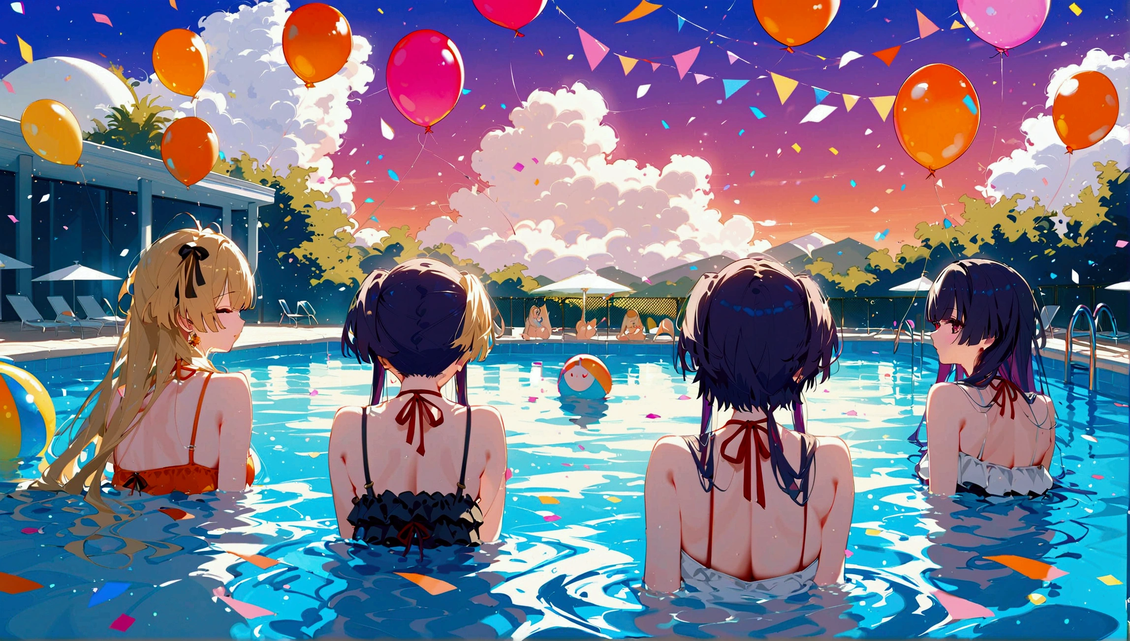 score_9, score_8_up, score_7_up, score_6_up, masterpiece, top quality, best quality, official art, beautiful and aesthetic, anime_source, centered, cinematic scene,Group of woman swimming in a pool, pool party, balloons and confetti, cakes everywhere, (art by Yuko Shimizu:1.2), orange and purple, epic composition, epic proportion, 8K, Expressiveh
