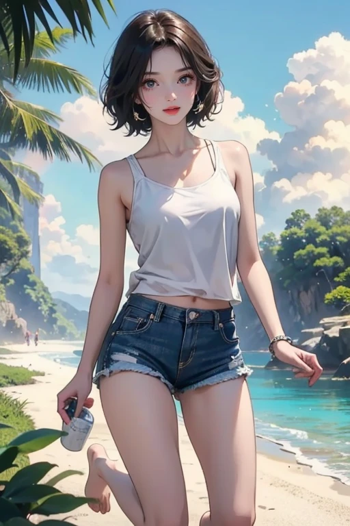 (Highest quality、masterpiece、High resolution、8K)、Vibrant colors、Young and beautiful woman 1、whole body、(Detailed face、Beautiful Eyes、Beautiful nose、Pretty lips)、Black and brown short bob、White tank top and shorts、barefoot、Jump High、Ride along the sandy beach、Surprised Smile、Official Art、The background is the sea、blue sky、Wide sandy beach、Wide forest、White waves and sandy beach、White Entrance Cloud、