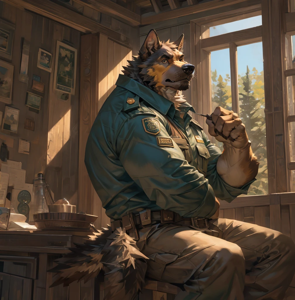 By Taran Fiddler, one man, alone, anthro canine (irish wolfhound), hound dog breed, brown fur, dilf, wrinkly face, bushy eyebrows, wearing park ranger uniform, stern facial expression, looking away from viewer, sitting on bed, inside a national park watchtower