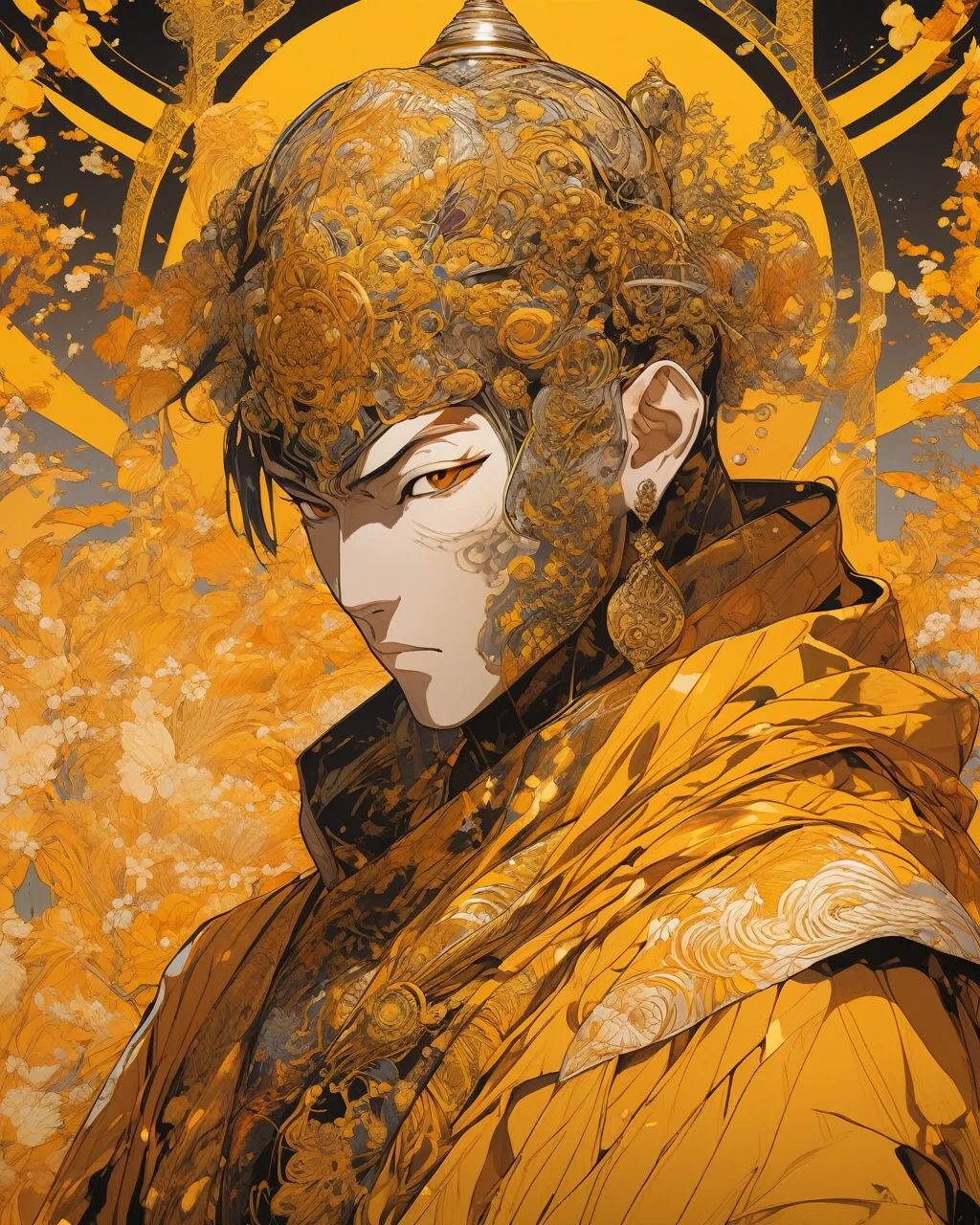 elaborate portrait of a monk by Laurey Greasley and Takeshi Obata, desire to achieve enlightenment, nirvana, yellow, orange, cyberpunk, detailed, realistic, 8k uhd, high quality