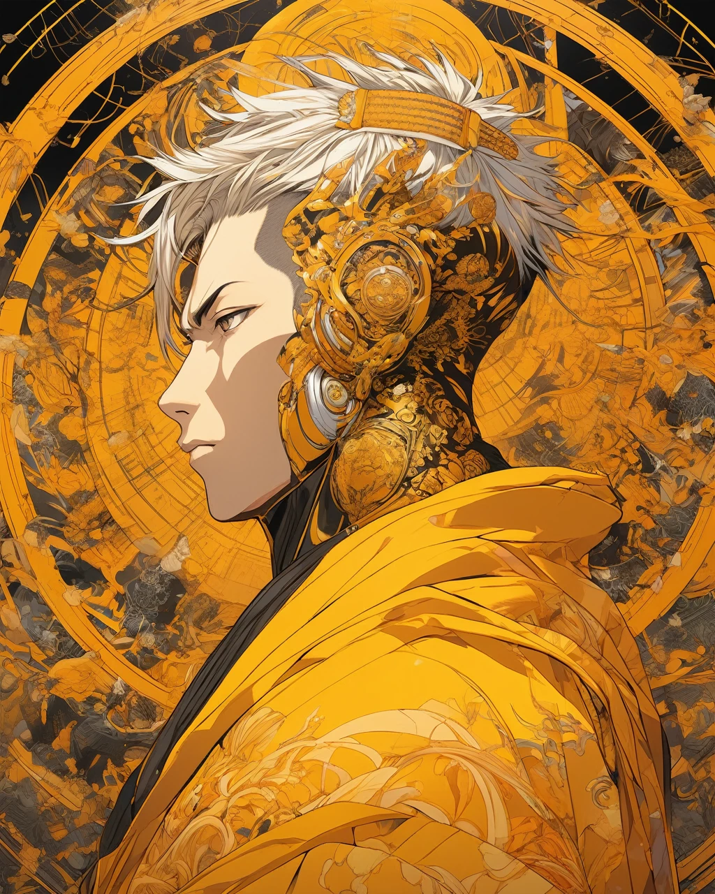 elaborate portrait of a monk by Laurey Greasley and Takeshi Obata, desire to achieve enlightenment, nirvana, yellow, orange, cyberpunk, detailed, realistic, 8k uhd, high quality