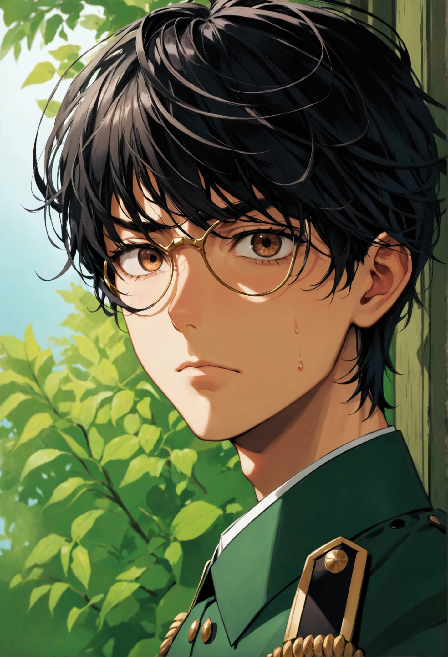 Cool guy、Brown eyes、Green military uniform、Face close-up、Black Hair、Troubled face