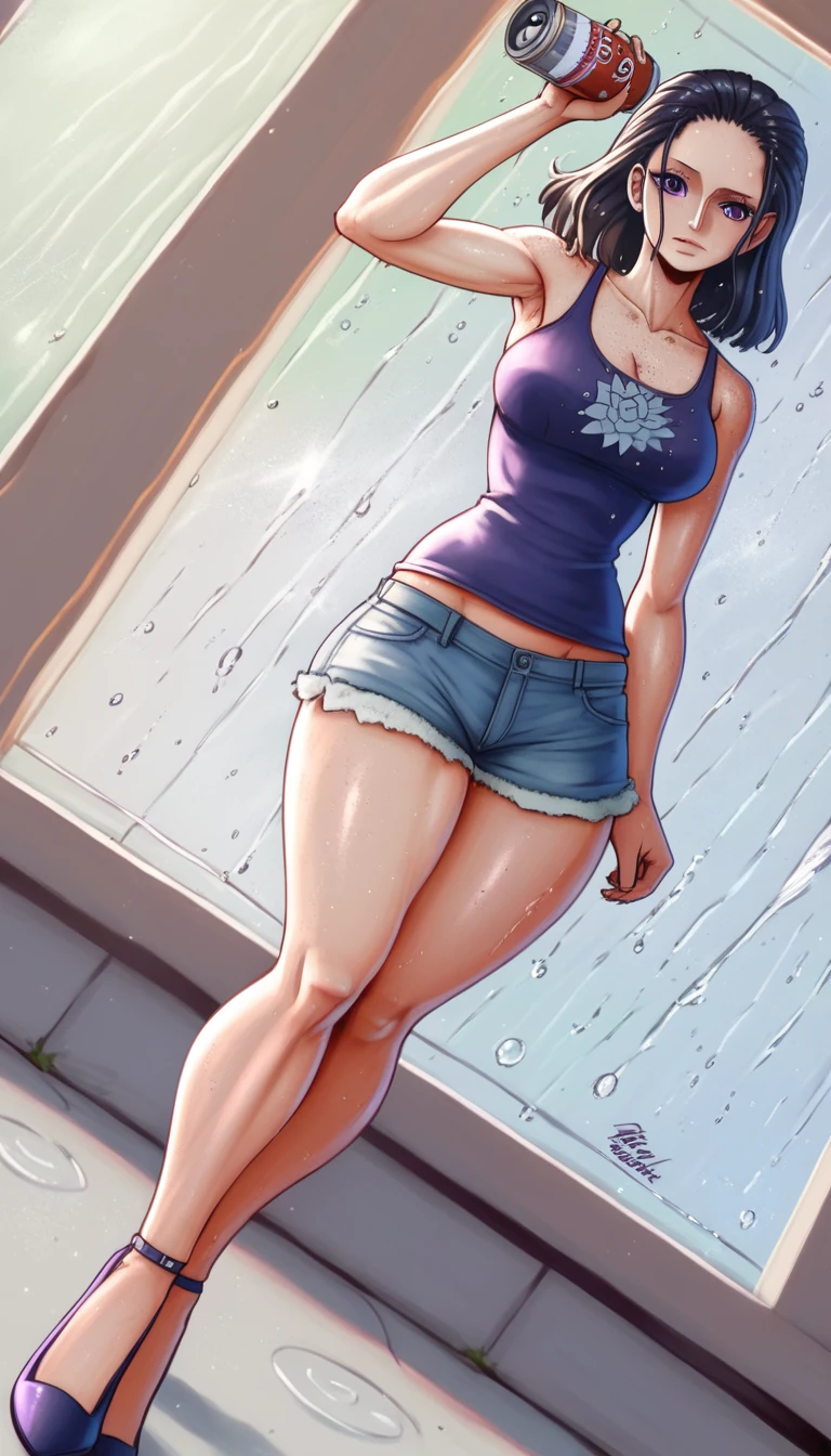 (masterpiece, best quality:1.2), Nico Robin, lowcut rorn crop-top, purple eyes, 1girl, short shorts, thick thighs, high heels, dirt road, countryside, masterpiece, best quality, absurdres, highres, 4k, ray tracing, perfect face, perfect eyes, intricate details, highly detailed, (best quality:1.33), (masterpiece:1.42),(semi realistic:1.3), (detailed:1.15),(skin details), Dappled Light, analog style (look at viewer), (skin texture), (realistic texture skin), cinematic light, side lighting, ultra high res, best shadow, RAW, (Dutch angle:1.1), lightroom, cinematic, hdr, raw, (intricate:1.4), high quality, soothing tones, intricate details, extremely high quality RAW photograph, detailed background, intricate, Exquisite details and textures, highly detailed, ultra detailed photograph, warm lighting, 4k, sharp focus, high resolution, detailed skin, detailed eyes, 8k uhd, dslr, high quality, film grain, Fujifilm XT3, 
 Rainy Day: The diffused light and wet surfaces on a rainy day can create a moody and atmospheric environment, perfect for capturing reflections and street photography.,