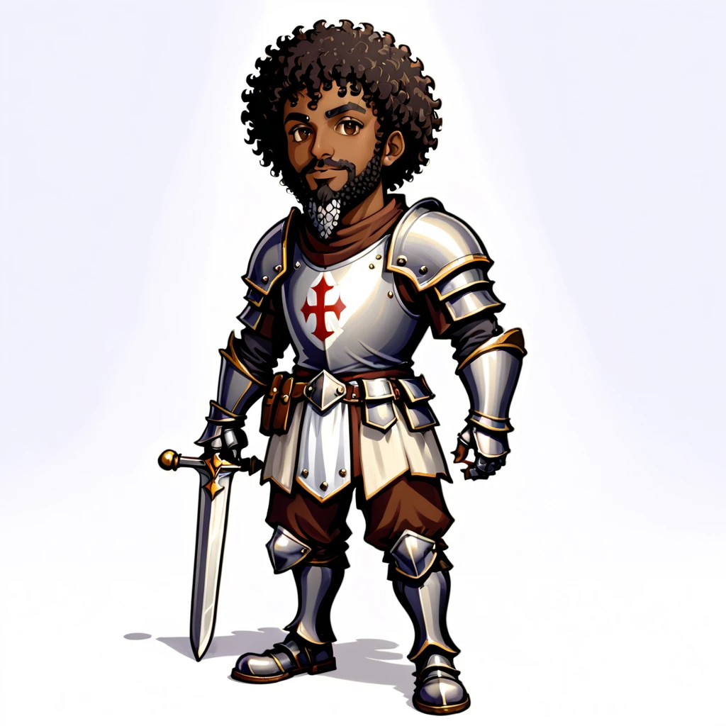 Medieval knight tibia game style , naughty man, brown skin, black curly hair and beard