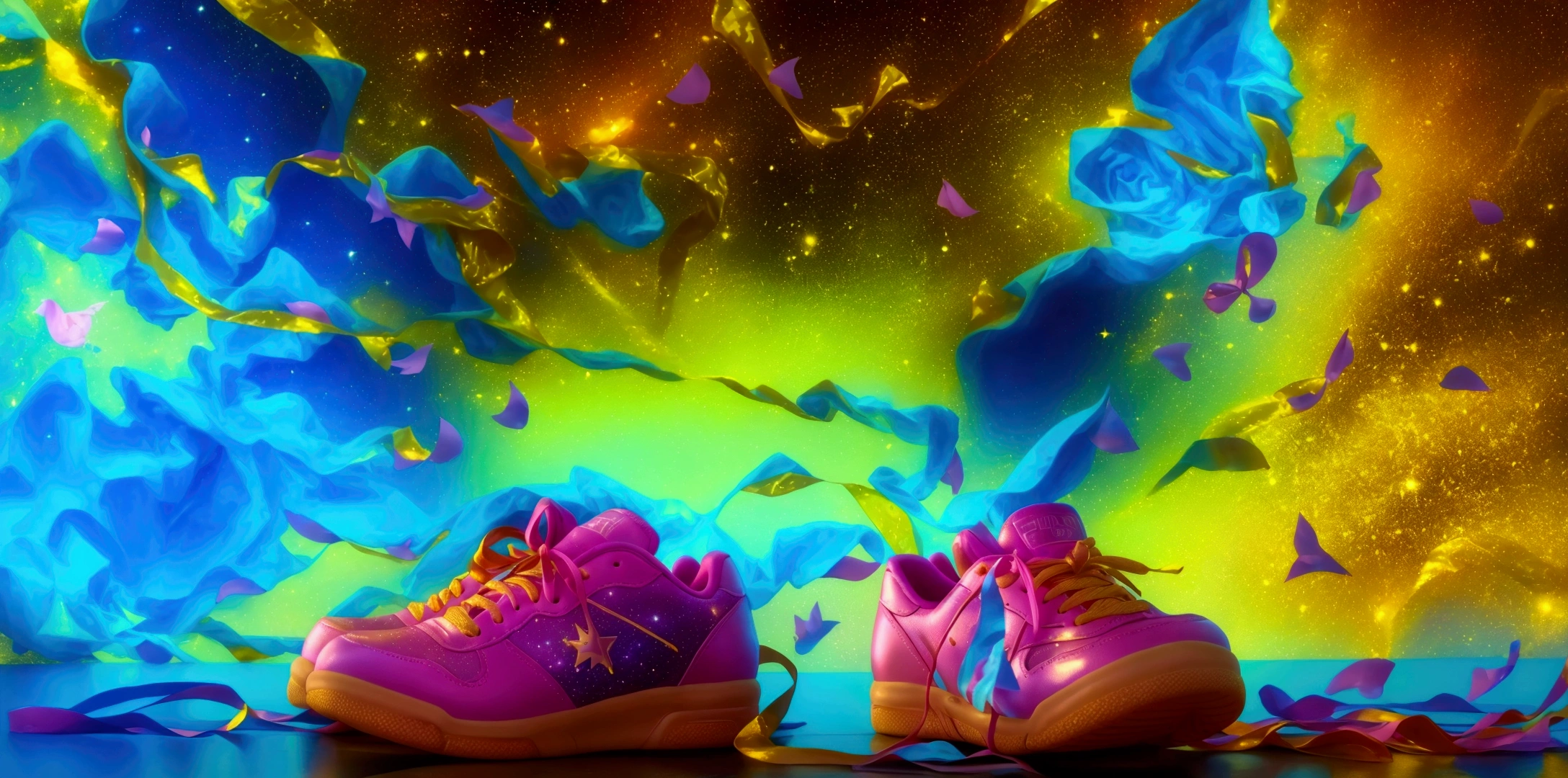 Background Image;poster;A pair of pink dancing shoes。With some golden ribbons。Pink tones,Low saturation,Golden background,Starry Sky。Background Image。Large area of white space。