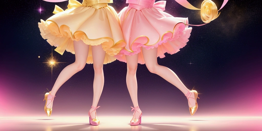 Background Image;poster;A pair of pink dancing shoes。With some golden ribbons。Pink tones,Low saturation,Golden background,Starry Sky。Background Image。Large area of white space。