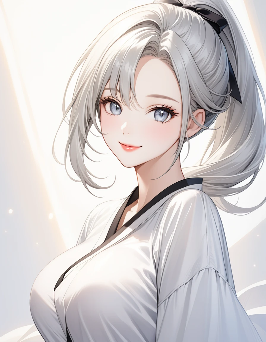 ((Portrait Photo)), She has a Mischievous and Youthful Appearance, with a Slender Build, Pale Skin and a Huge Breasts. She Expresses a Cheerful and Energetic Look, Giving Off a Smug and Lively Attitude. She has Light Gray Eyes, and Her Hair is Long, Silvery-White, and Tousled, with Bare Forehead. She Wears an Oversized, Open Bomber-Style Jacket, with a White Top, Revealing Her Midriff. ((Portrait Photo, HDR, Dark Background))