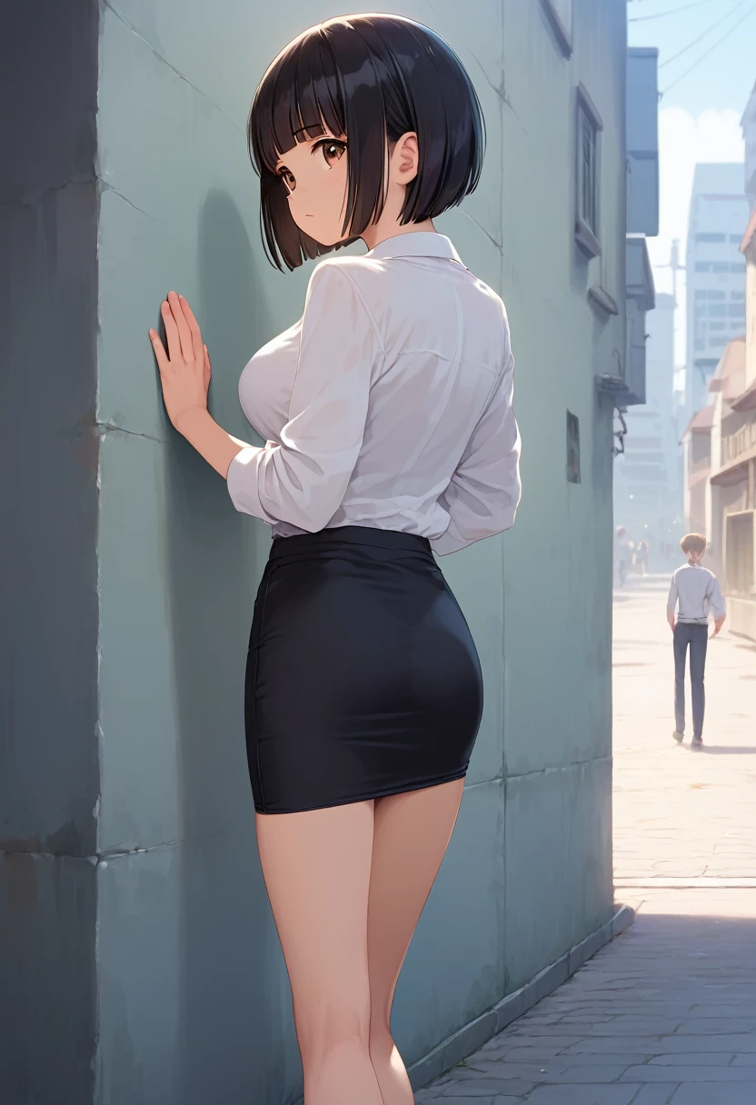 score_9,score_8_up,score_7_up,masterpiece,best quality, source anime, realistic, super detailed, extreme detailed, rating_safe,
1girl, ((((hiding behind the wall, Only face peeking out from behind the wall)))), from side,
BREAK girl, 22yo, short hair, bob cut, (blunt bangs), black hair, (tareme, detailed cute brown eyes), curled eyelashes, (large breasts:0.9),
shiny hair, beautiful detailed eyes, beautiful face,
slender, small ass, slim legs,
white collared shirt, black tight mini skirt,
serious, frown,
outdoors, city, street, back alley,