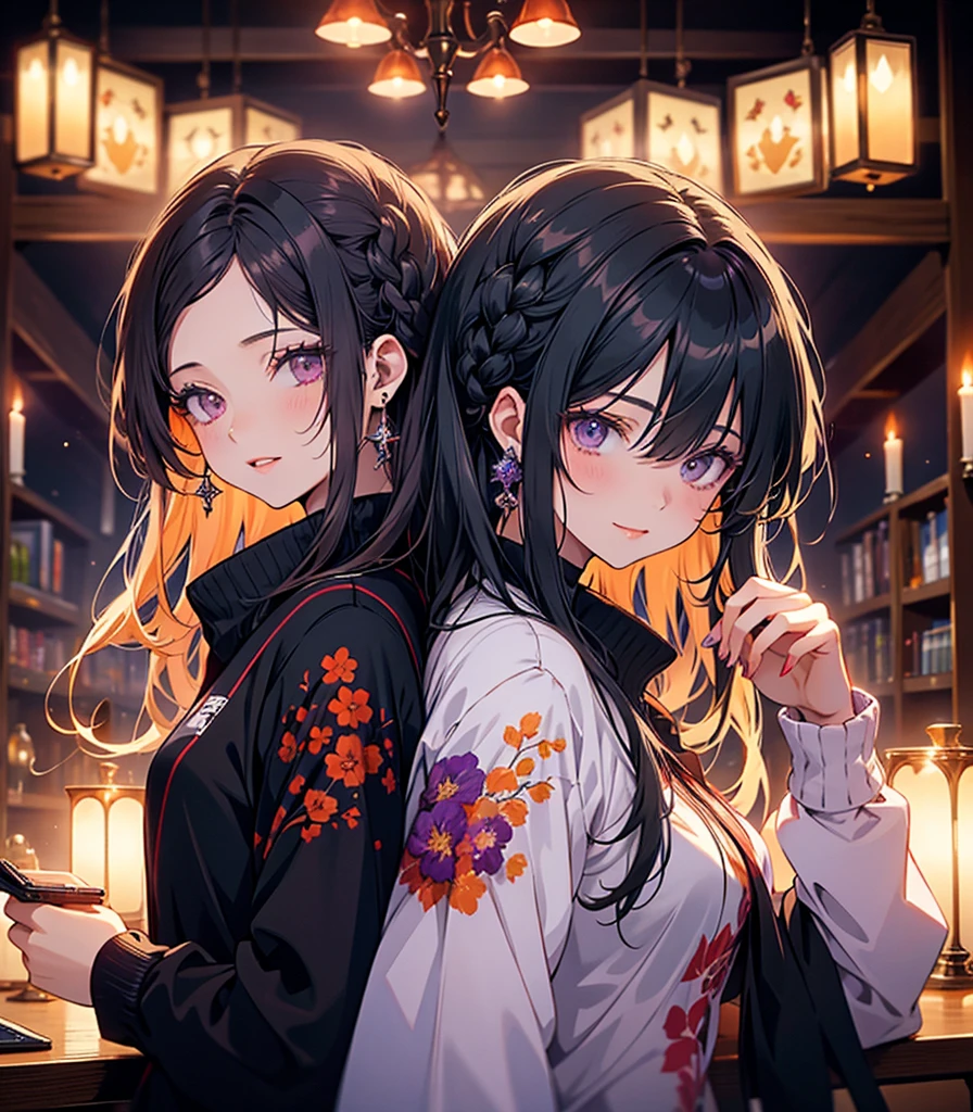 masterpiece, super high quality,（2 people）Anime Couples,The woman on the left:Black Hair,The man on the right:Orange Hair,room,smile,Purple eyes,beautiful,Highest quality