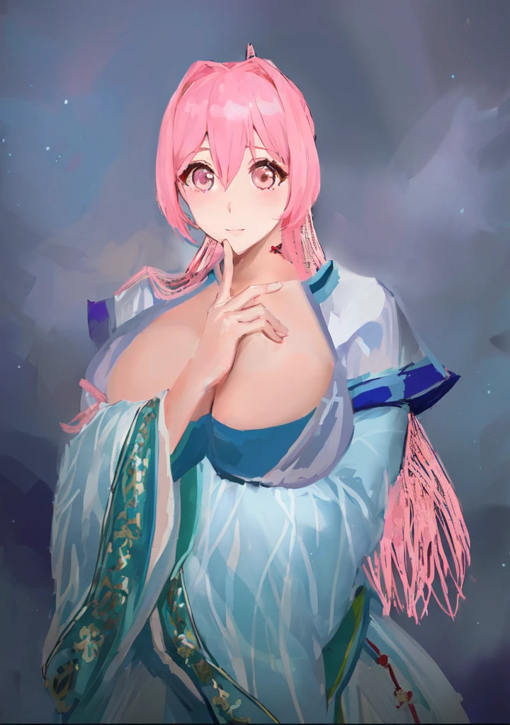 Pink Hair、Anime girl in blue dress poses for photo, Pink ponytail头发和粉色眼眸, Produced in collaboration with Anime Painter Studio, In the anime painter studio, ,  Sonison，超级Sonison，Celluloid，Three Kingdoms，Chinese style，antiquity，Hanfu，，Huge Breasts，Good shape，Pink ponytail，Pink long hair，Costume，包不住的Huge Breasts，Cute girl，Noble