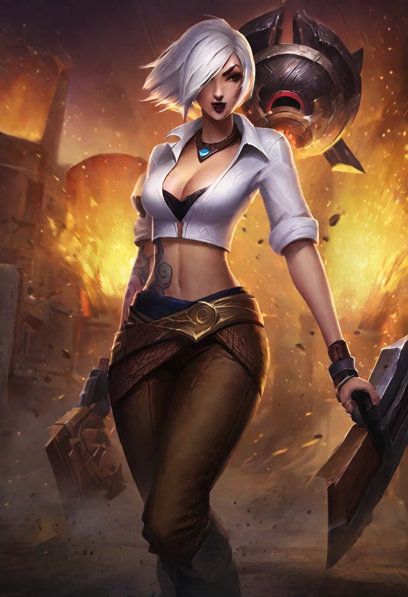 score_9, score_8_up, score_7_up, score_6_up, score_5_up, score_4_up, BREAK lolsplashart, league of legend, solo, 1girl, Asian female, cowgirl outfit, cleavage, white shirt, brown pants, tattoos, bob cut, white hair, black lipstick, lovely, masterpiece.