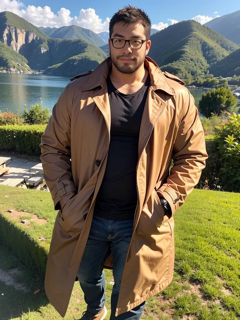 crew cut, (((full body))), (((landscape))), mature man, [slightly fat], asian man, rounded face, brown eyes, ((rounded face)), glasses, balding, 1boy, Solo, (big shoulders), (((stubbles, Short beard))), Cartoon character of a man with black glasses and a white lab coat, 