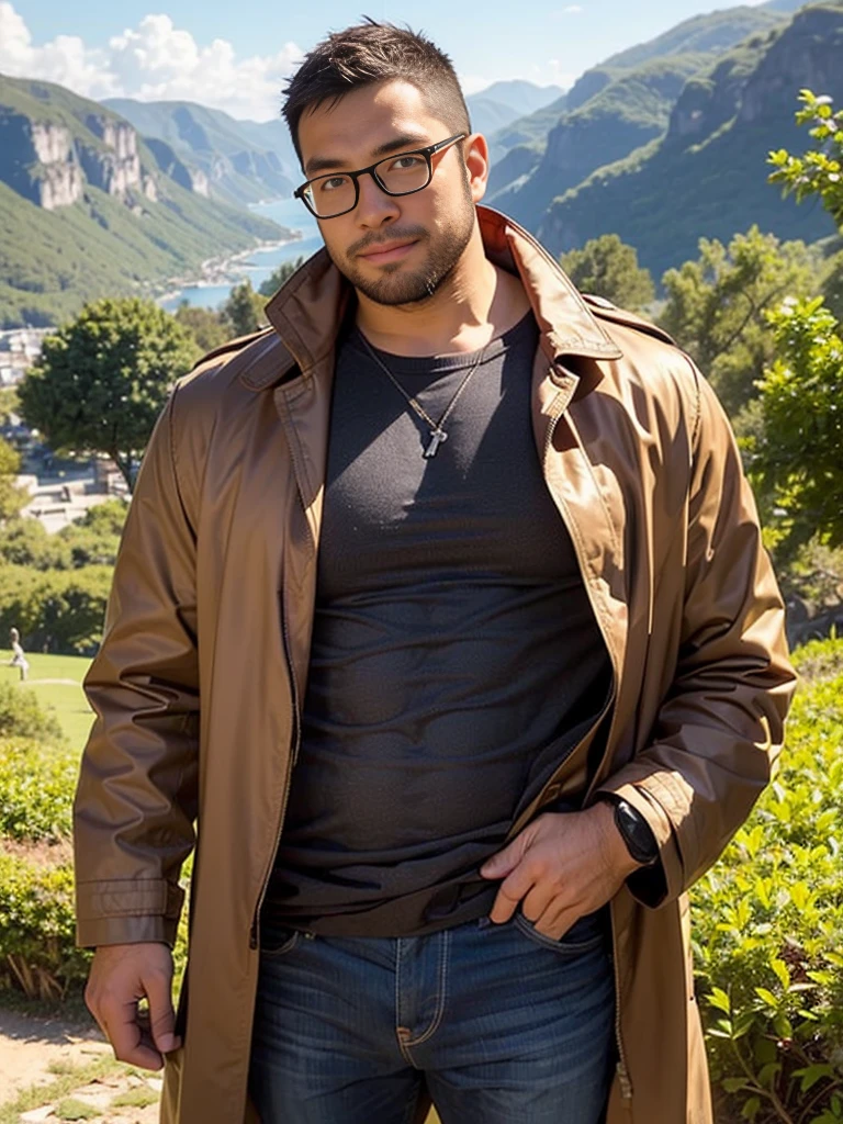 crew cut, (((full body))), (((landscape))), mature man, [slightly fat], asian man, rounded face, brown eyes, ((rounded face)), glasses, balding, 1boy, Solo, (big shoulders), (((stubbles, Short beard))), Cartoon character of a man with black glasses and a white lab coat, 
