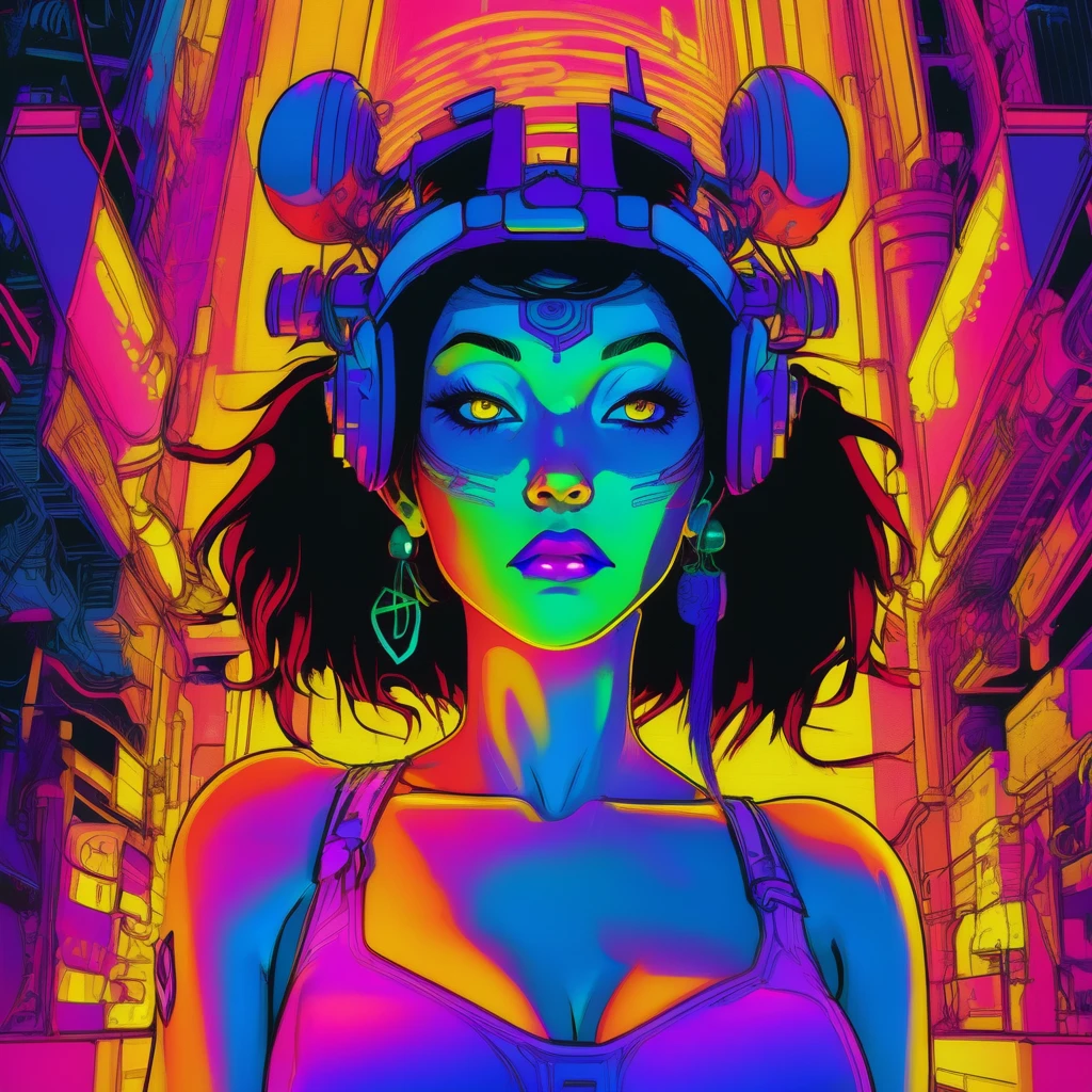 portrait | wide angle shot of eyes off to one side of frame, tech cyborg demon woman, long long hair, wearing tech bra, looking off in distance ::8 style | daydreampunk with glowing skin and eyes, styled in headdress, beautiful, she is dripping in neon warm neon lights, very colorful yellow, red, violet, bioluminescent, glowing ::8 background | cyberpunki alley, vivid neon wonderland, sparkles, particles, blue, green, purple ::7 parameters | rule of thirds, golden ratio, assymetric composition, hyper- maximalist, octane render, photorealism, cinematic realism, unreal engine, 8k