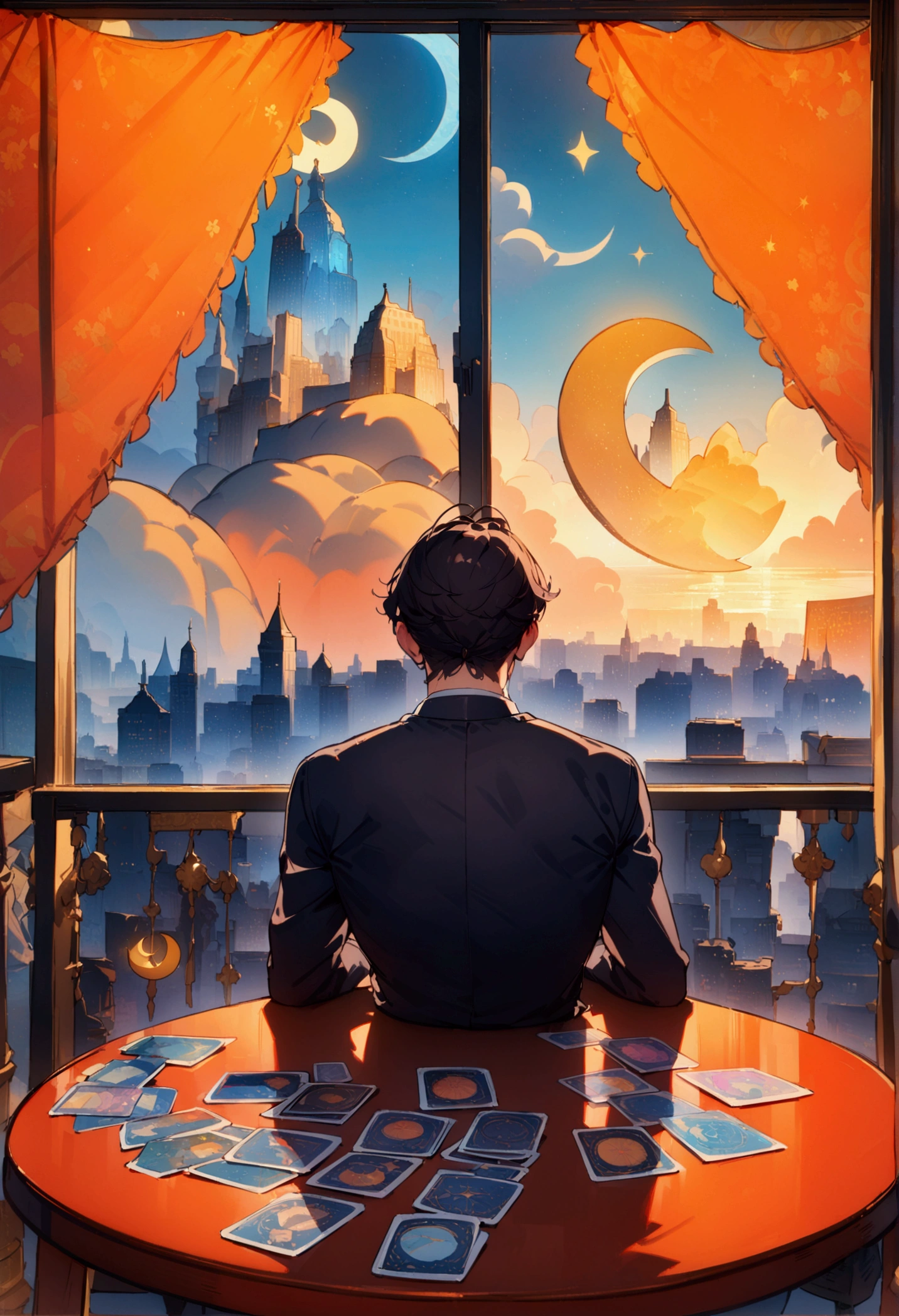 best quality, masterpiece, 8K, HD,, persian man, wavy dark hair, sitting behind a round table, luxurious astrology print tablecloth, tarot cards on the table, metropolitan city in the background, crescent moon, see through curtain behind him, (front view), vibrant colors, highly detailed