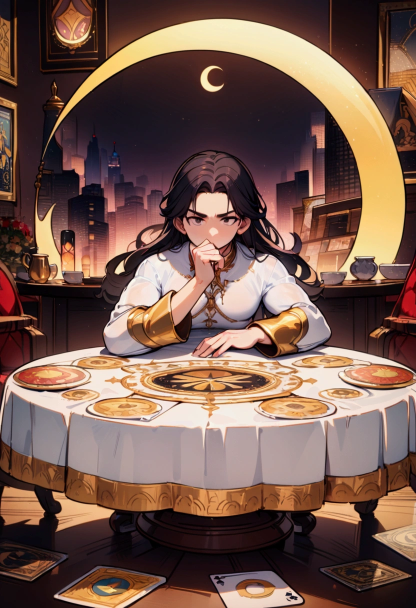 best quality, masterpiece, 8K, HD,, persian man, wavy dark hair, sitting behind a round table, luxurious astrology print tablecloth, tarot cards on the table, metropolitan city in the background, crescent moon, see through curtain behind him, (front view), vibrant colors, highly detailed