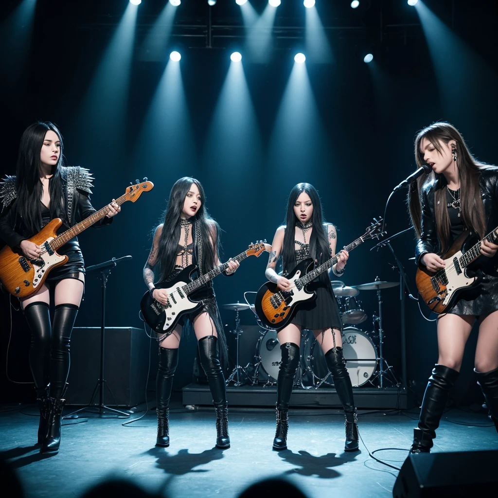 Female metal rock musical group, with 4 members, 3 with long hair and one with short hair, all black. one singing, another playing the guitar, the one who continues playing the bass and the last one in the background playing the drums.Dressed in black and blue, with accessories such as chains and spikes.