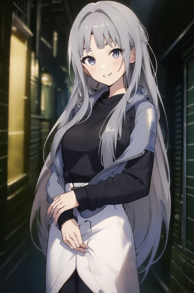 Concept Art,  White hair, Silver gradient hair , Composite cloth, Virtual YouTuber, best quality, masterpiece, Dynamic Angle,  girl,Miss,woman, young,20 years old, , Hair Flip, Silver Hair, Flowing hair, Ahog, giggle, Beautiful and delicate golden eyes, teeth, Large Breasts, Blonde eyes, White skin, hoodie, Black_shorts, Gray clothes, transparent_Back ground, Backlighting, absurd, high resolution, Extremely detailed,sweater,Smile