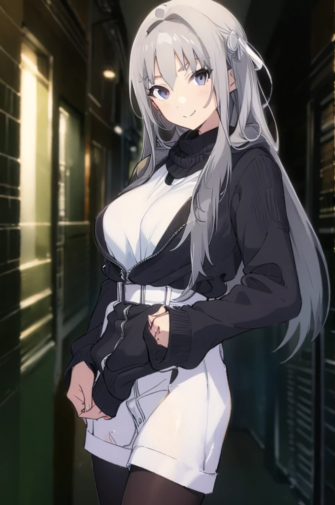 Concept Art,  White hair, Silver gradient hair , Composite cloth, Virtual YouTuber, best quality, masterpiece, Dynamic Angle,  girl,Miss,woman, young,20 years old, , Hair Flip, Silver Hair, Flowing hair, Ahog, giggle, Beautiful and delicate golden eyes, teeth, Large Breasts, Blonde eyes, White skin, hoodie, Black_shorts, Gray clothes, transparent_Back ground, Backlighting, absurd, high resolution, Extremely detailed,sweater,Smile