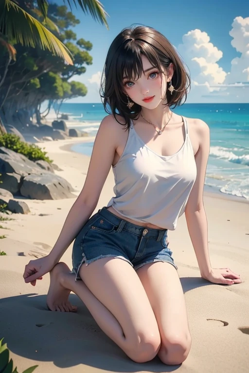 (Highest quality、masterpiece、High resolution、8K)、Vibrant colors、Young and beautiful woman 1、whole body、(Detailed face、Beautiful Eyes、Beautiful nose、Pretty lips)、Black and brown short bob、White tank top and shorts、barefoot、Jump High、Ride along the sandy beach、Surprised Smile、Official Art、The background is the sea、blue sky、Wide sandy beach、Wide forest、White waves and sandy beach、White Entrance Cloud、