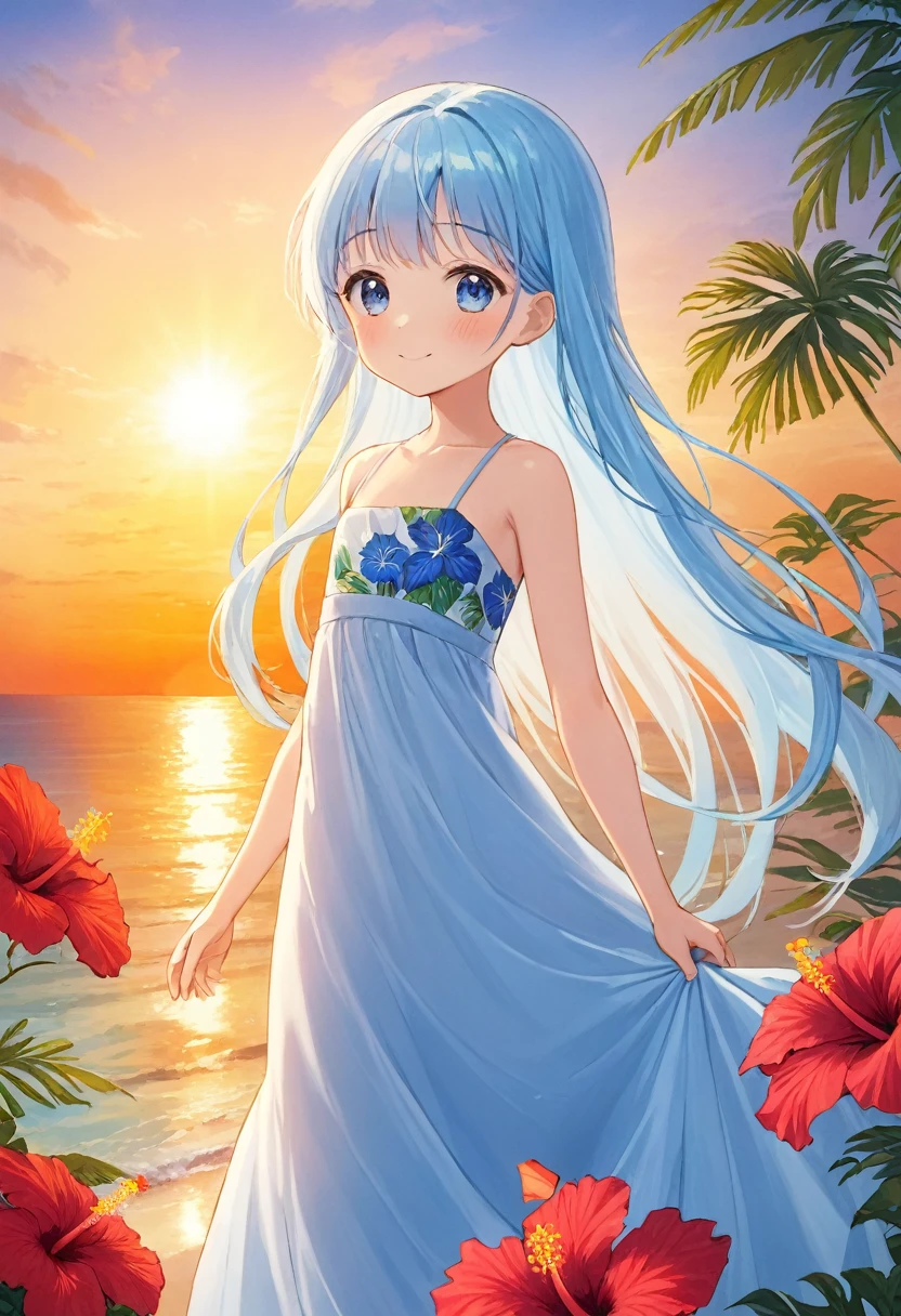 masterpiece, best quality, extremely detailed, (illustration, official art:1.1), 1 girl ,(((( light blue long hair)))), ,(((( light blue long hair)))),light blue hair, , long hair ((blush)) , cute face, big eyes, masterpiece, best quality,(((((a very delicate and beautiful girl))))),Amazing,beautiful detailed eyes,blunt bangs((((little delicate girl)))),(((tareme))),droopy eyes.(true beautiful:1.2), sense of depth,dynamic angle,,,, affectionate smile, (true beautiful:1.2),,(tiny 1girl model:1.2),)(flat chest), masterpiece, best quality, high quality, extremely detailed, very delicate and beautiful, ,, bangs to eyebrows, eyes, (long dress with hibiscus print:1.3), (standing), (smiling), (dynamic pose), (background tropical and hibiscus:1.3), (sunset:1.3)