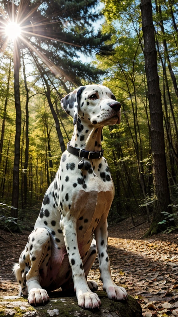 Dalmatian in a , sunlit forest.